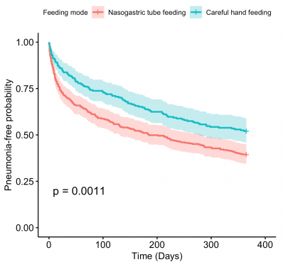 A HKUMed study found that there is little difference in one-year survival probability among advanced dementia patients on nasogastric tube feeding or careful hand feeding (125 days versus 145 days, Graph 1). But those on nasogastric tube feeding have a lower pneumonia-free survival probability compared with those on careful hand feeding (Graph 2).